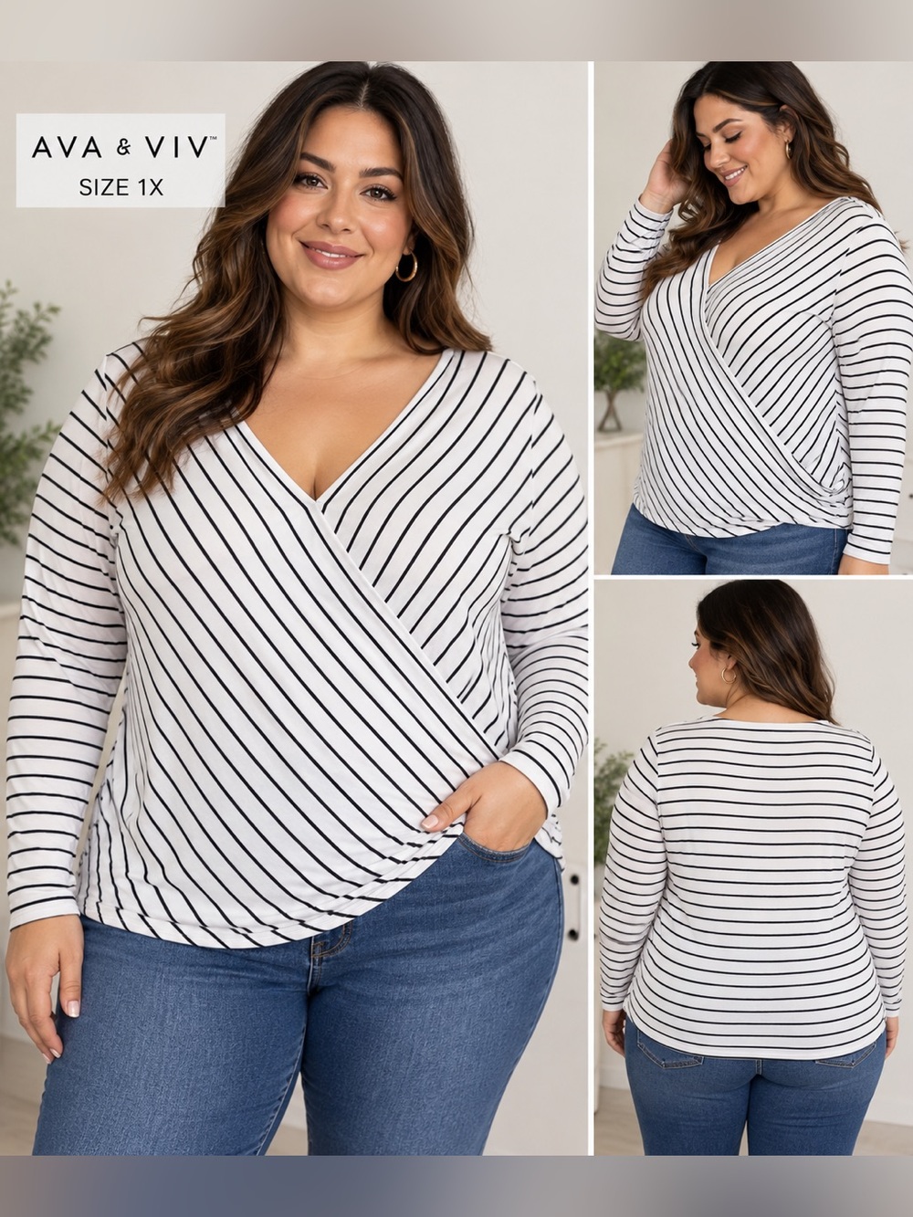 Ava & Viv White and Black Striped Surplice Long-Sleeve Top - Plus Size 1X
